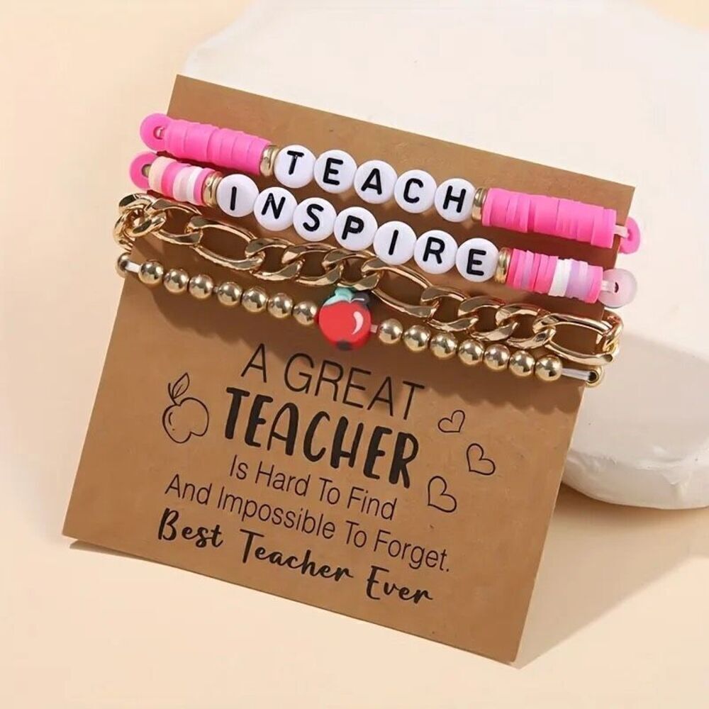 Teach Inspire Bracelet Stack – 4pc Pink White Gold Gift Set for Teachers